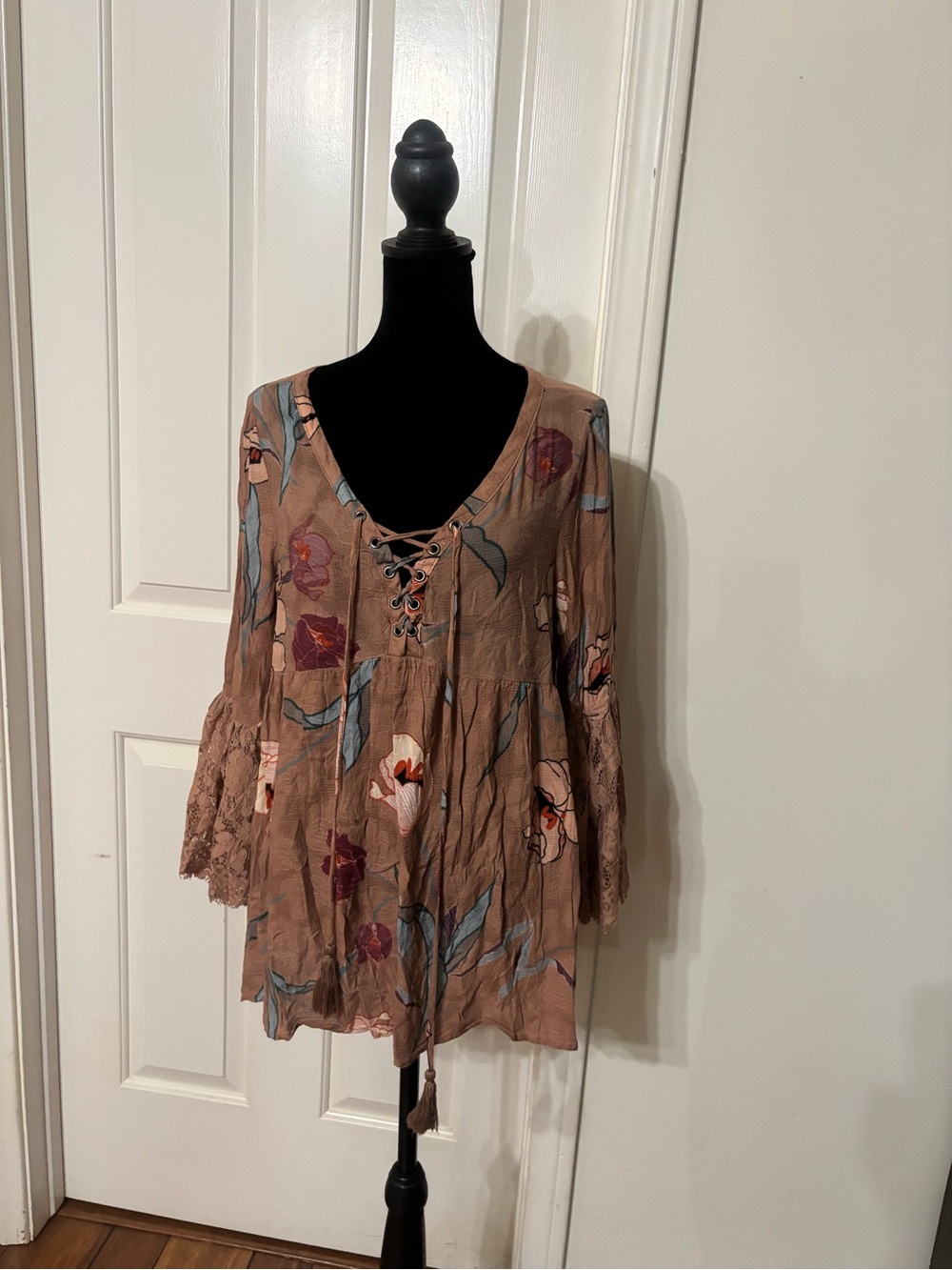 ODDY Taupe Floral Lace-Up Boho Tunic with Blue Accents